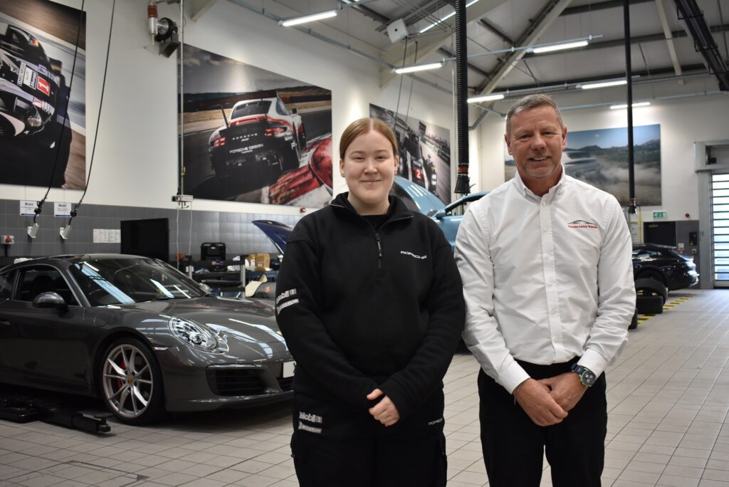 Emily in the Porsche workshop