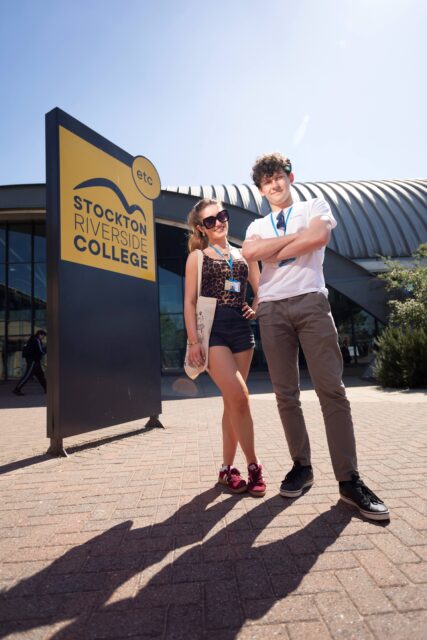 Two students standing outside Stockton Riverside College