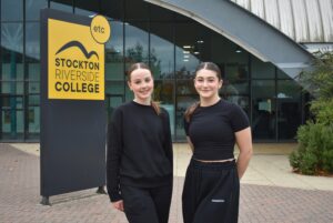 Two performing arts students standing outside Stockton Riverside College