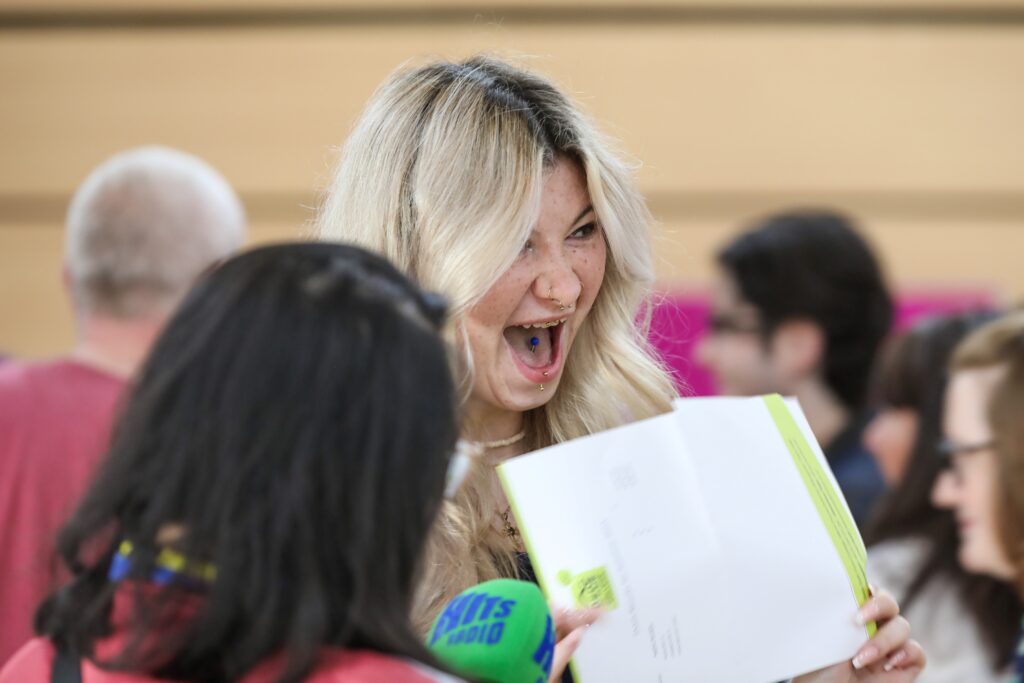 Sophie celebrating her results at Bede
