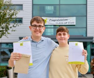 Jacob and Isaac with their results outside Bede Sixth Form College